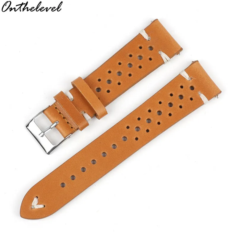 Handmade retro genuine leather watch band in brown with white stitching on a wooden surface