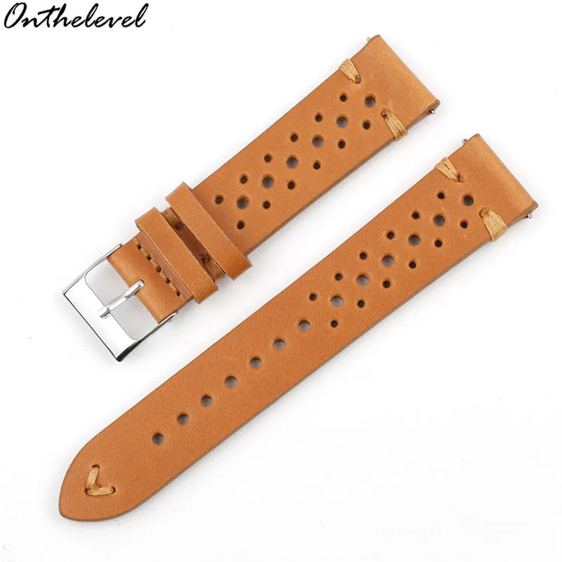 Handmade retro genuine leather watch band in brown with white stitching on a wooden surface