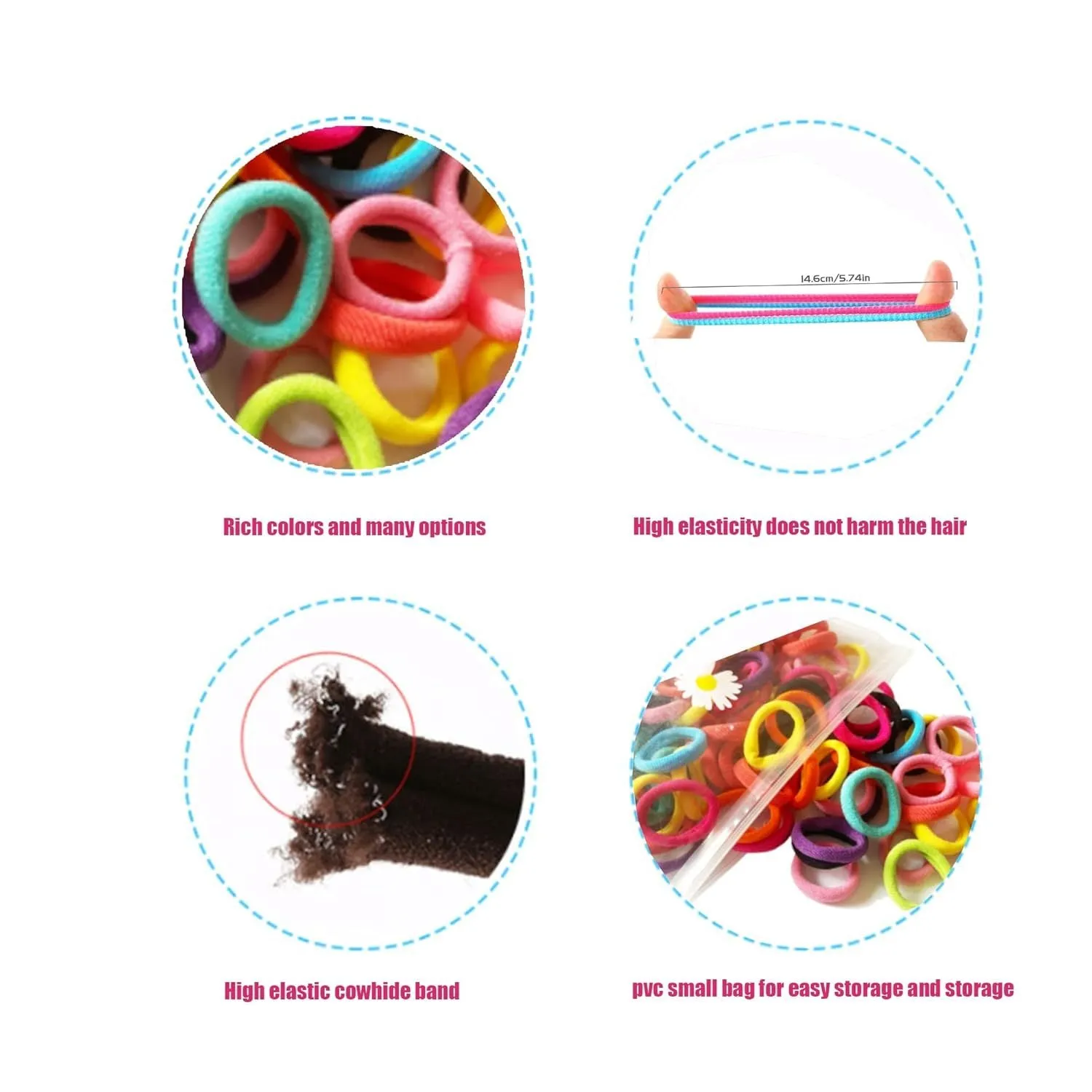 100 multicoloured seamless cotton baby hair ties in a small jar, showing soft fabric material.