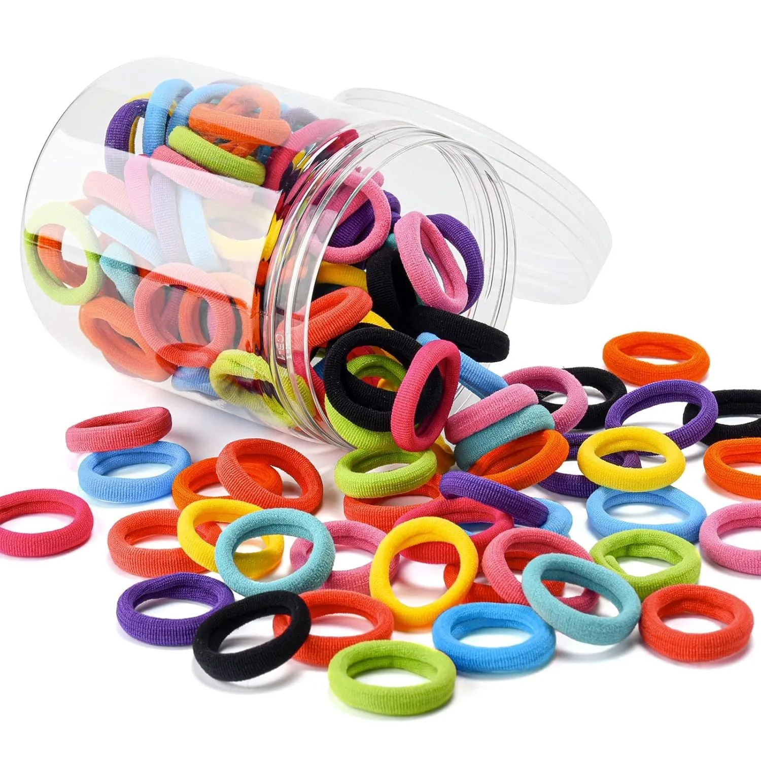 100 multicoloured seamless cotton baby hair ties in a small jar, showing soft fabric material.