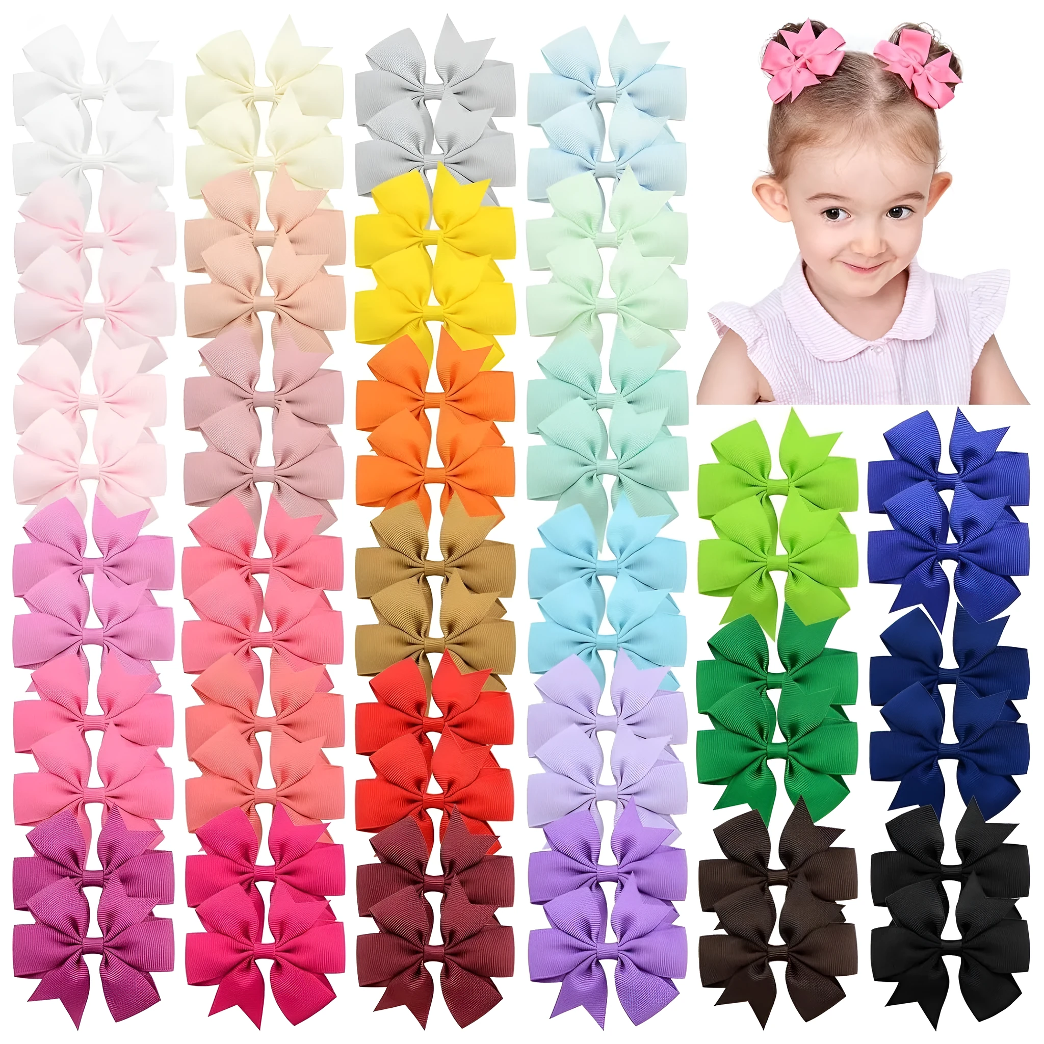 20 pairs of multicoloured 3-inch grosgrain ribbon pinwheel hair bows with alligator clips for baby girls.