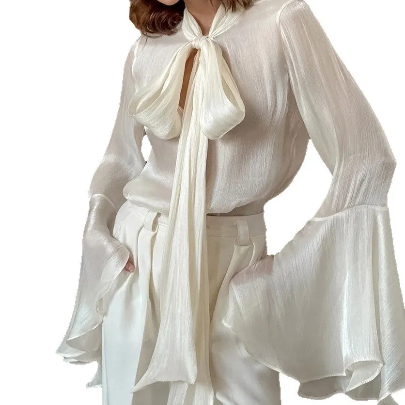 Women's solid colour lace-up flared long sleeves blouse in polyester, loose fit, apricot