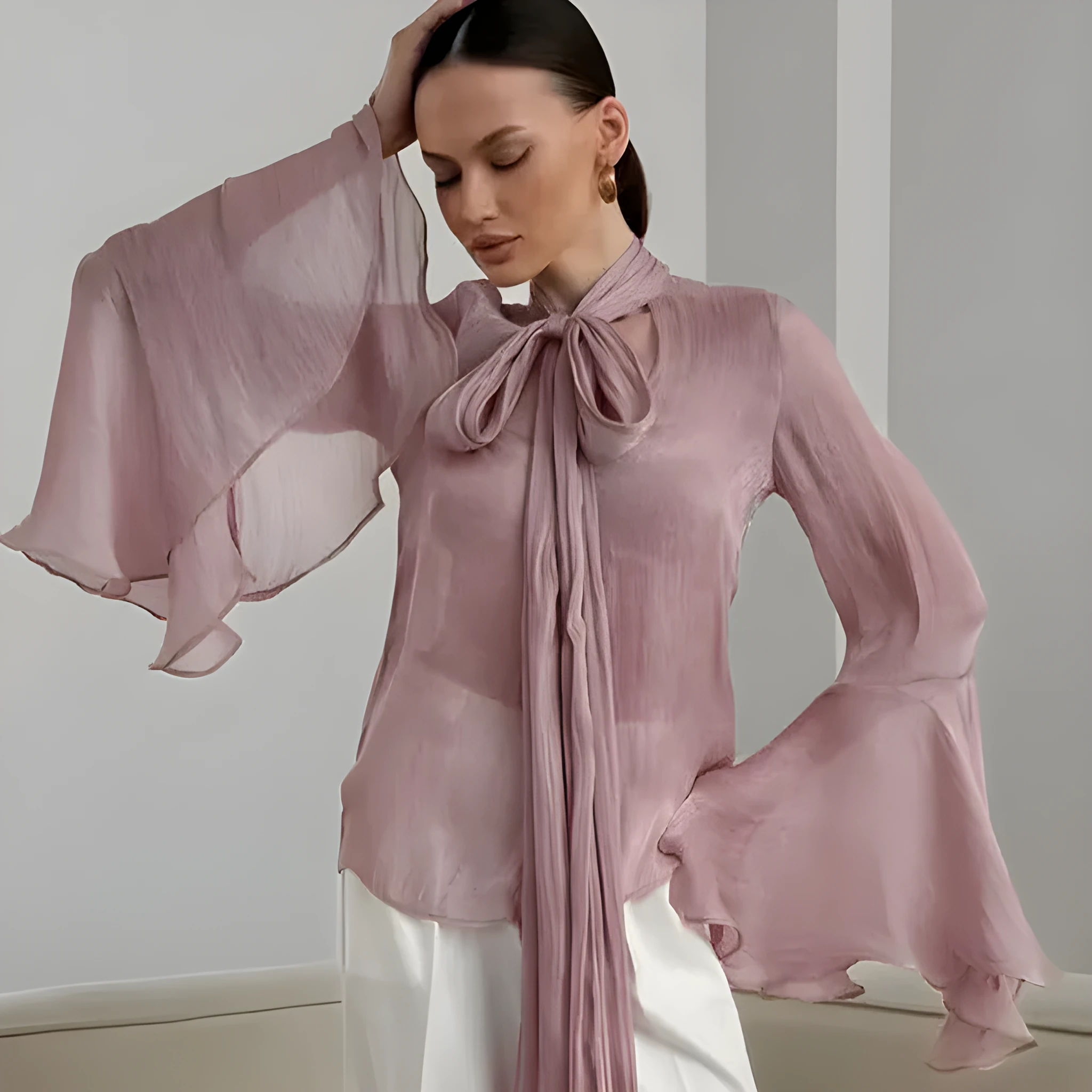 Women's solid colour lace-up flared long sleeves blouse in polyester, loose fit, apricot