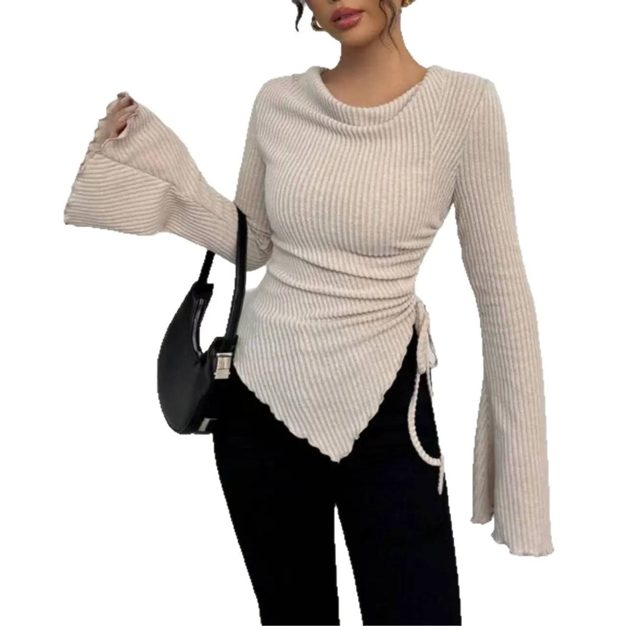 Design Sense rope slim pullover for women in apricot with bell sleeves and long sleeves