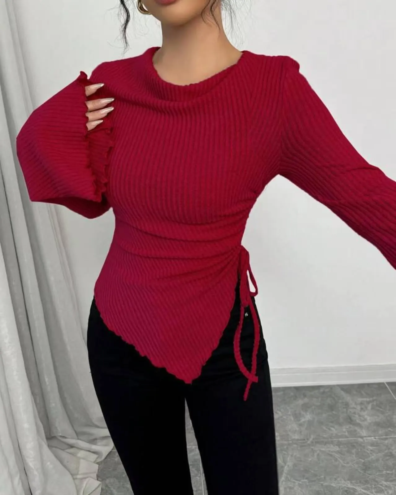 Design Sense rope slim pullover for women in apricot with bell sleeves and long sleeves