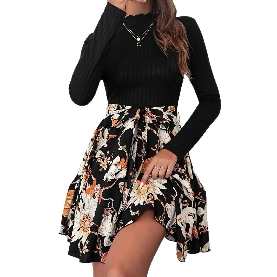 Long sleeve round neck belt dress in black with floral pattern, A-line high waist skirt, polyester fabric