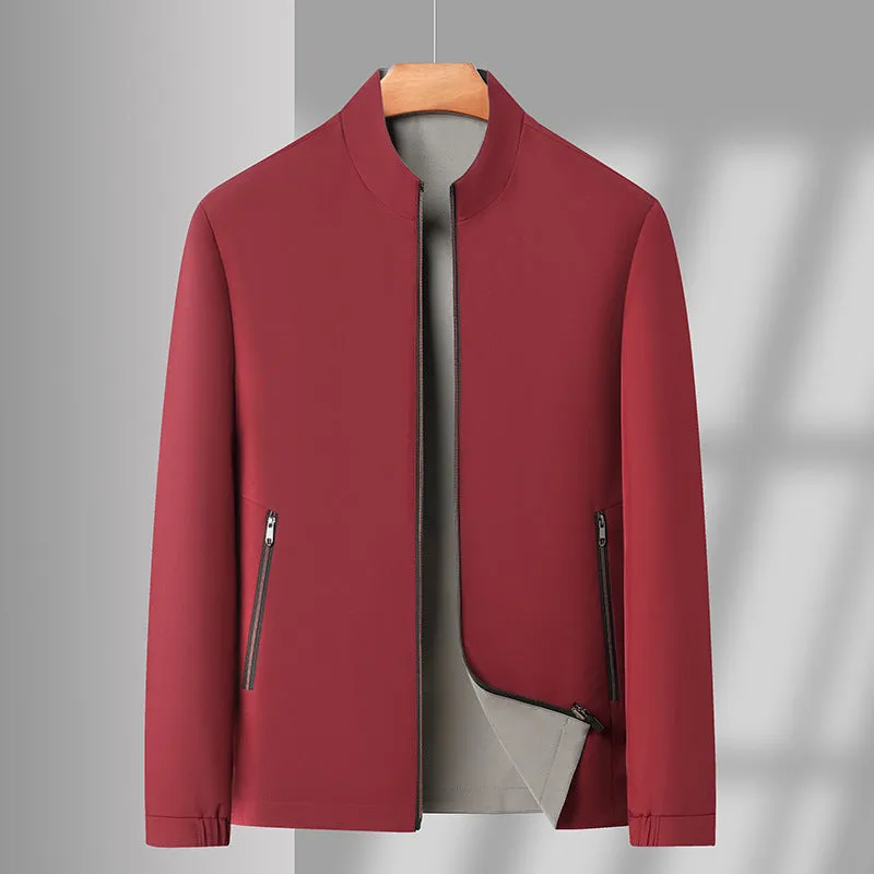 Men's double-sided stand collar casual windproof jacket in solid colour, loose fit, polyester fibre