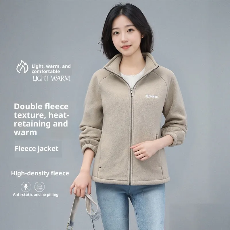 Women's polar fleece stand collar cardigan with zipper in orange
