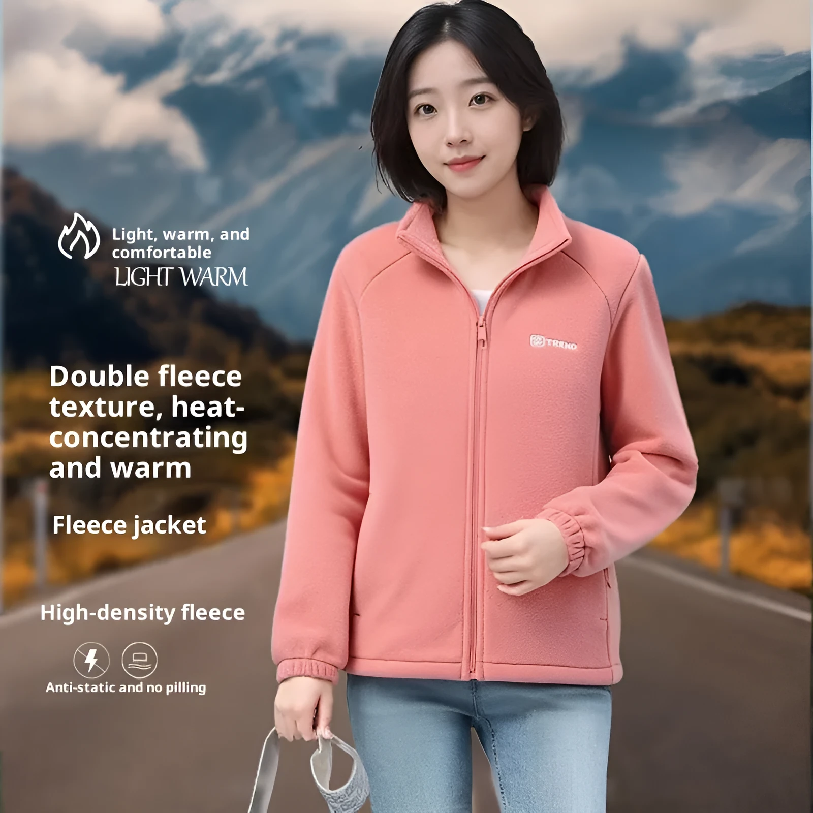 Women's polar fleece stand collar cardigan with zipper in orange