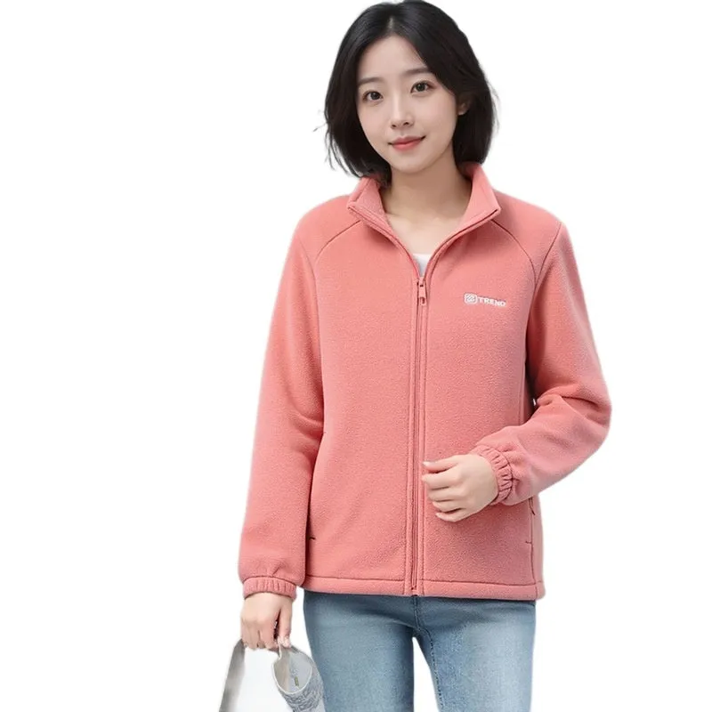 Women's polar fleece stand collar cardigan with zipper in orange