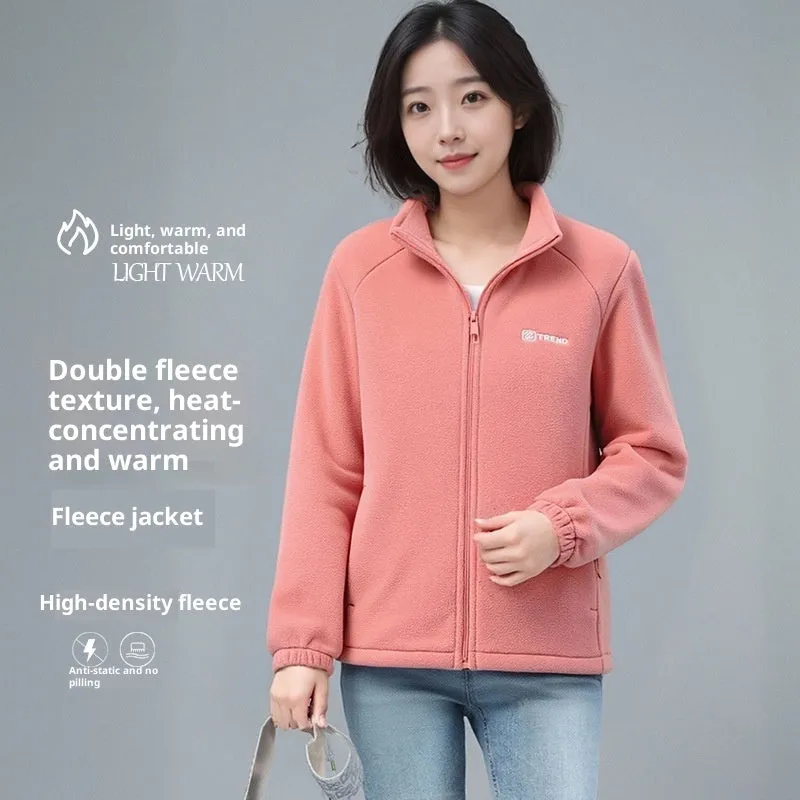 Women's polar fleece stand collar cardigan with zipper in orange