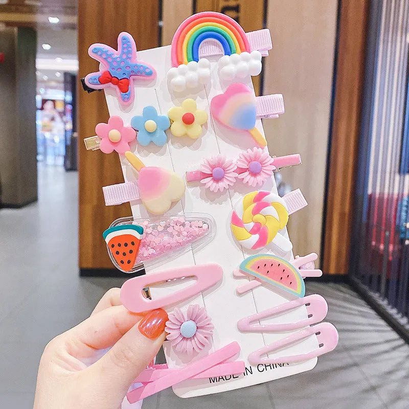 14-piece toddler hair accessories set showing colourful rainbow barrettes, candy fruit clips and butterfly designs
