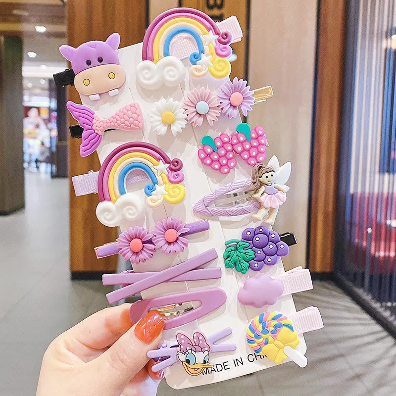 14-piece toddler hair accessories set showing colourful rainbow barrettes, candy fruit clips and butterfly designs