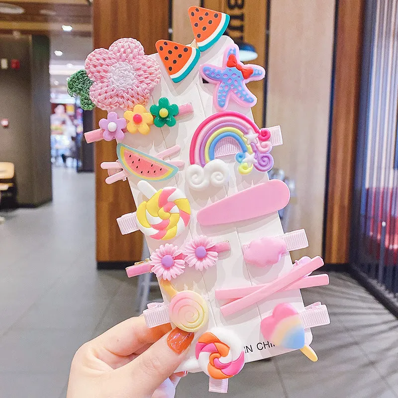 14-piece toddler hair accessories set showing colourful rainbow barrettes, candy fruit clips and butterfly designs