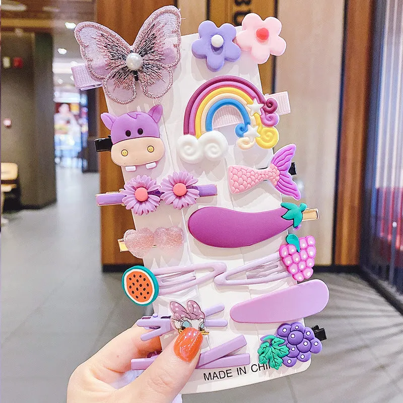 14-piece toddler hair accessories set showing colourful rainbow barrettes, candy fruit clips and butterfly designs
