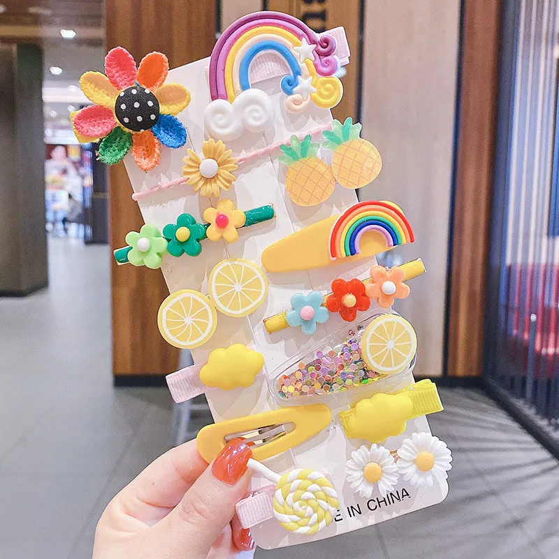 14-piece toddler hair accessories set showing colourful rainbow barrettes, candy fruit clips and butterfly designs