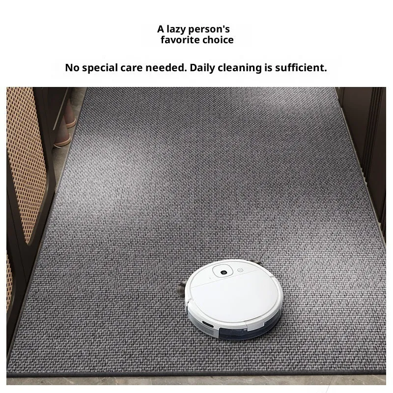 Linen door mat 60x90cm in solid colour with interlacing gray pattern on tiled floor