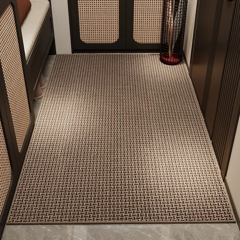 Linen door mat 60x90cm in solid colour with interlacing gray pattern on tiled floor