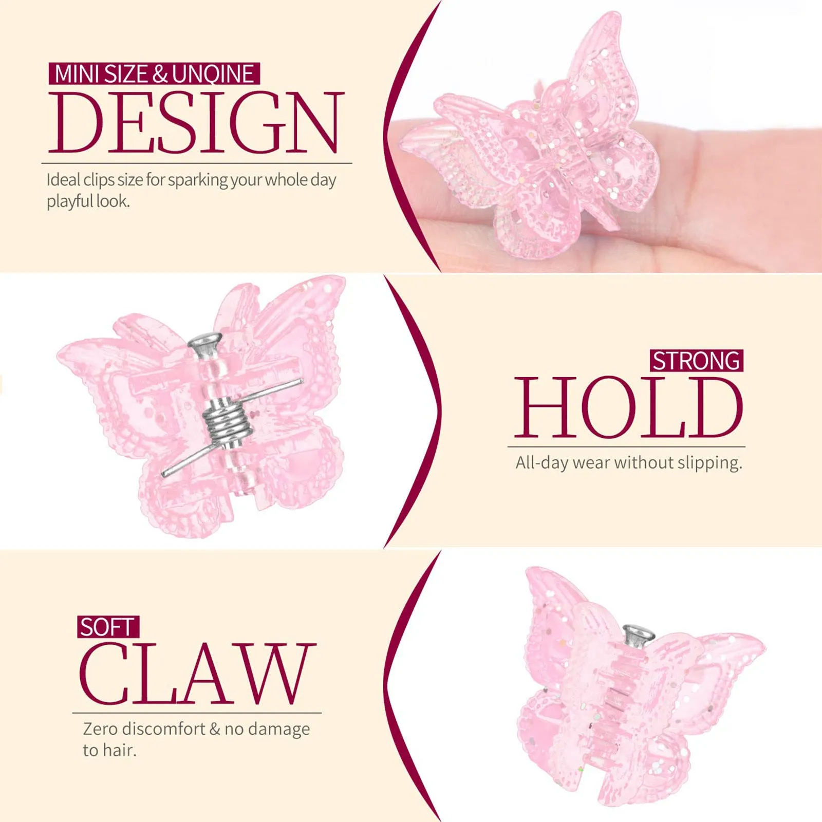 Set of glitter butterfly hair claw clips in assorted colours showing miniature size