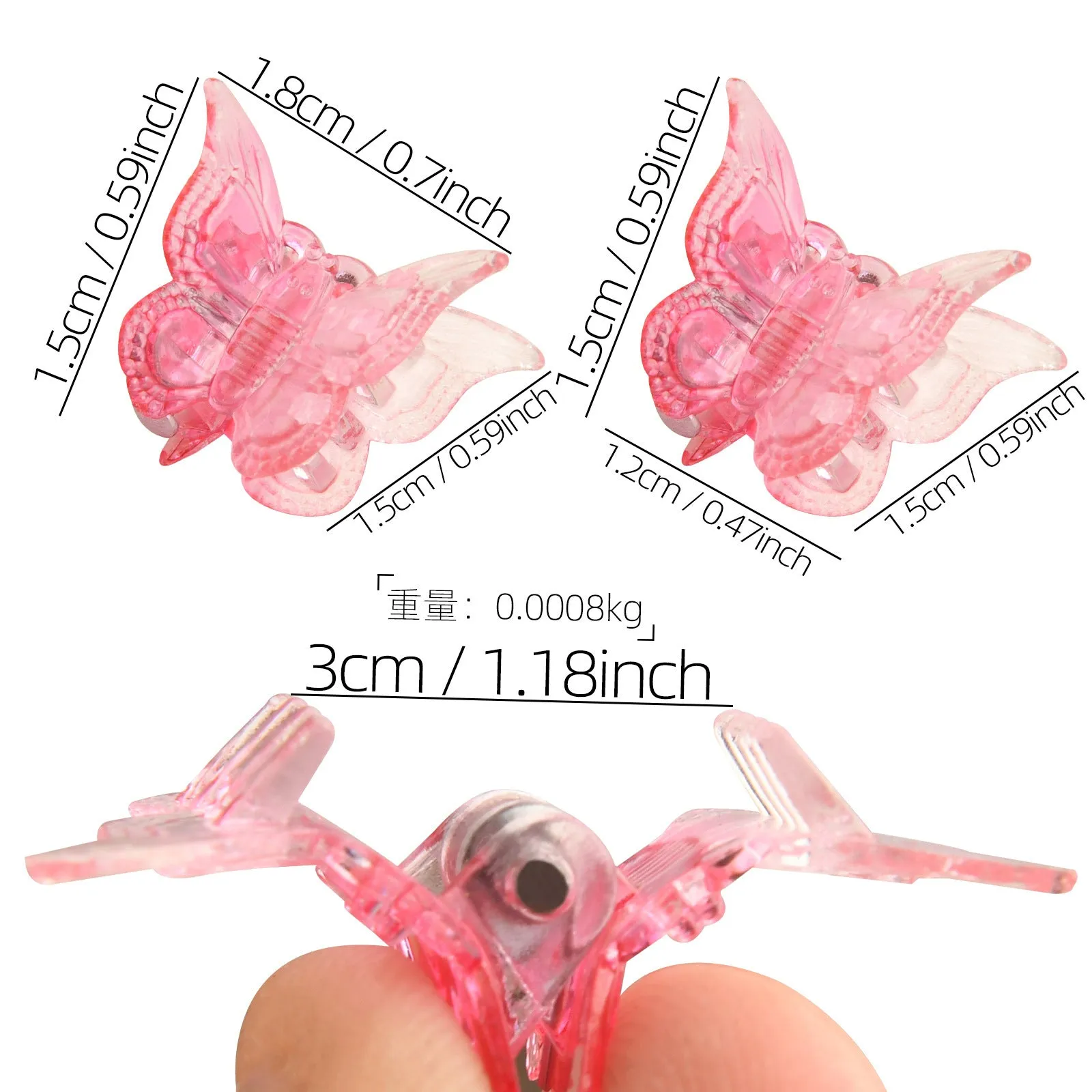 Set of glitter butterfly hair claw clips in assorted colours showing miniature size