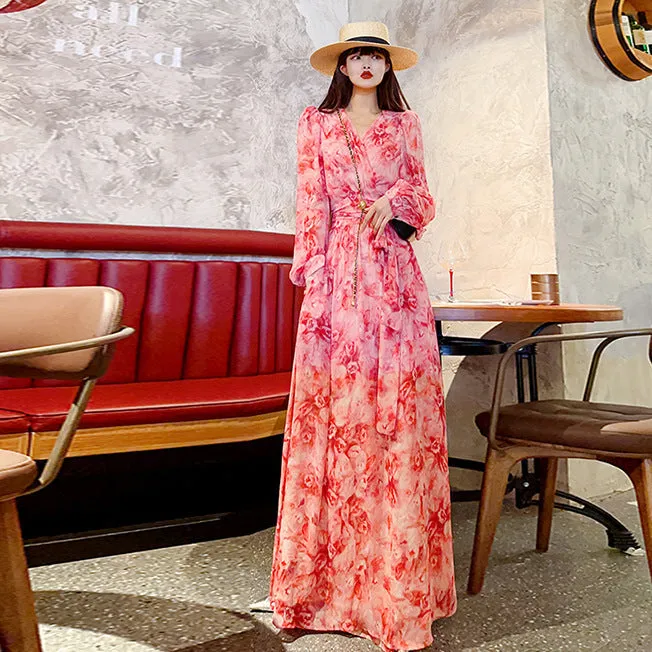 Floral V-neck Pure Desire split long sleeve dress in pink with princess sleeves, mid-length skirt, art retro style