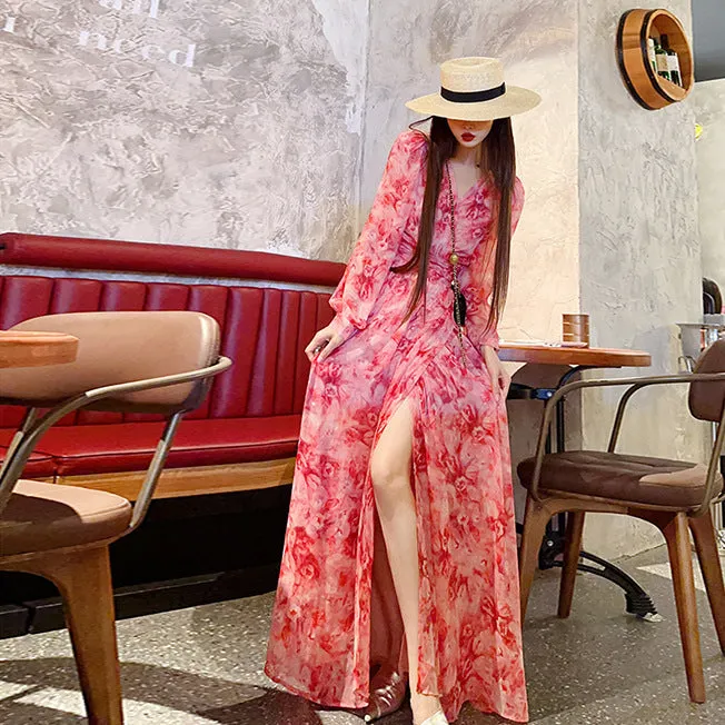 Floral V-neck Pure Desire split long sleeve dress in pink with princess sleeves, mid-length skirt, art retro style