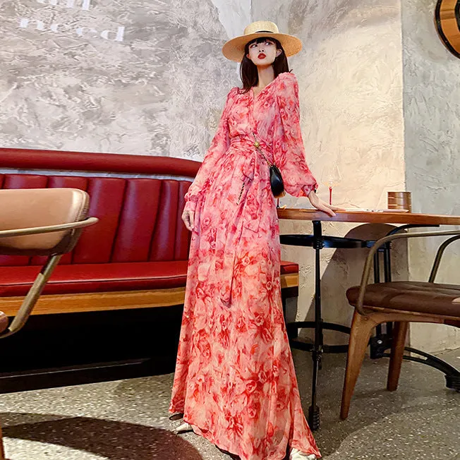 Floral V-neck Pure Desire split long sleeve dress in pink with princess sleeves, mid-length skirt, art retro style