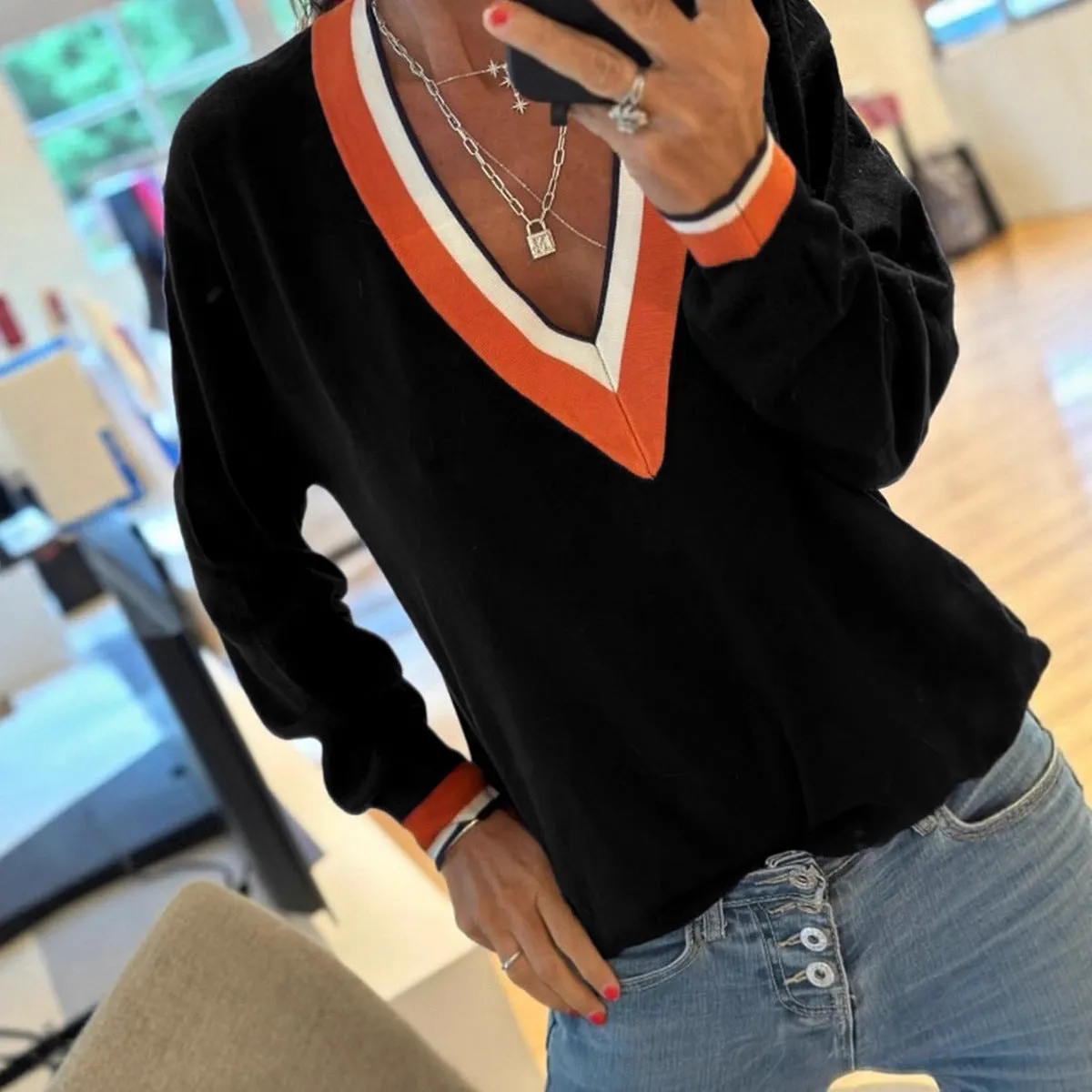 Casual style loose knitted top for women, polyester pullover, solid colour, front view