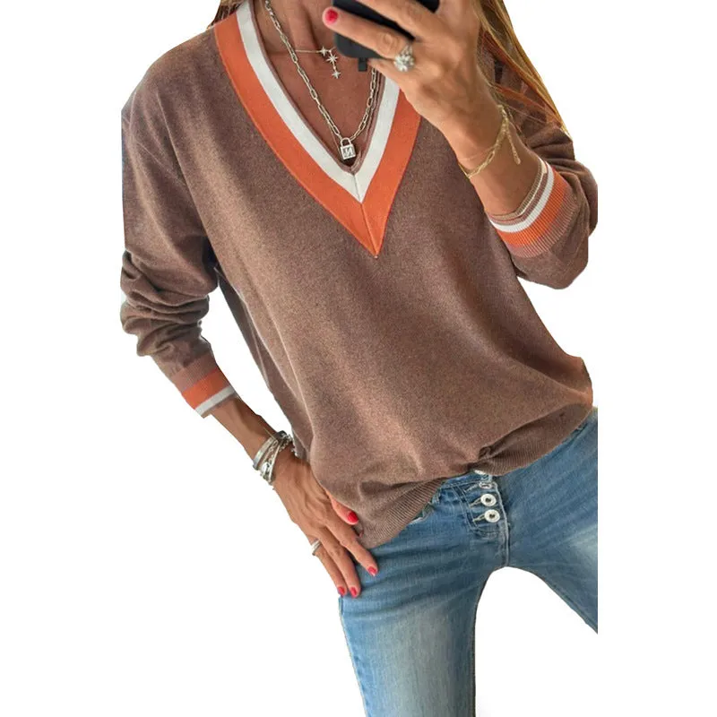 Casual style loose knitted top for women, polyester pullover, solid colour, front view