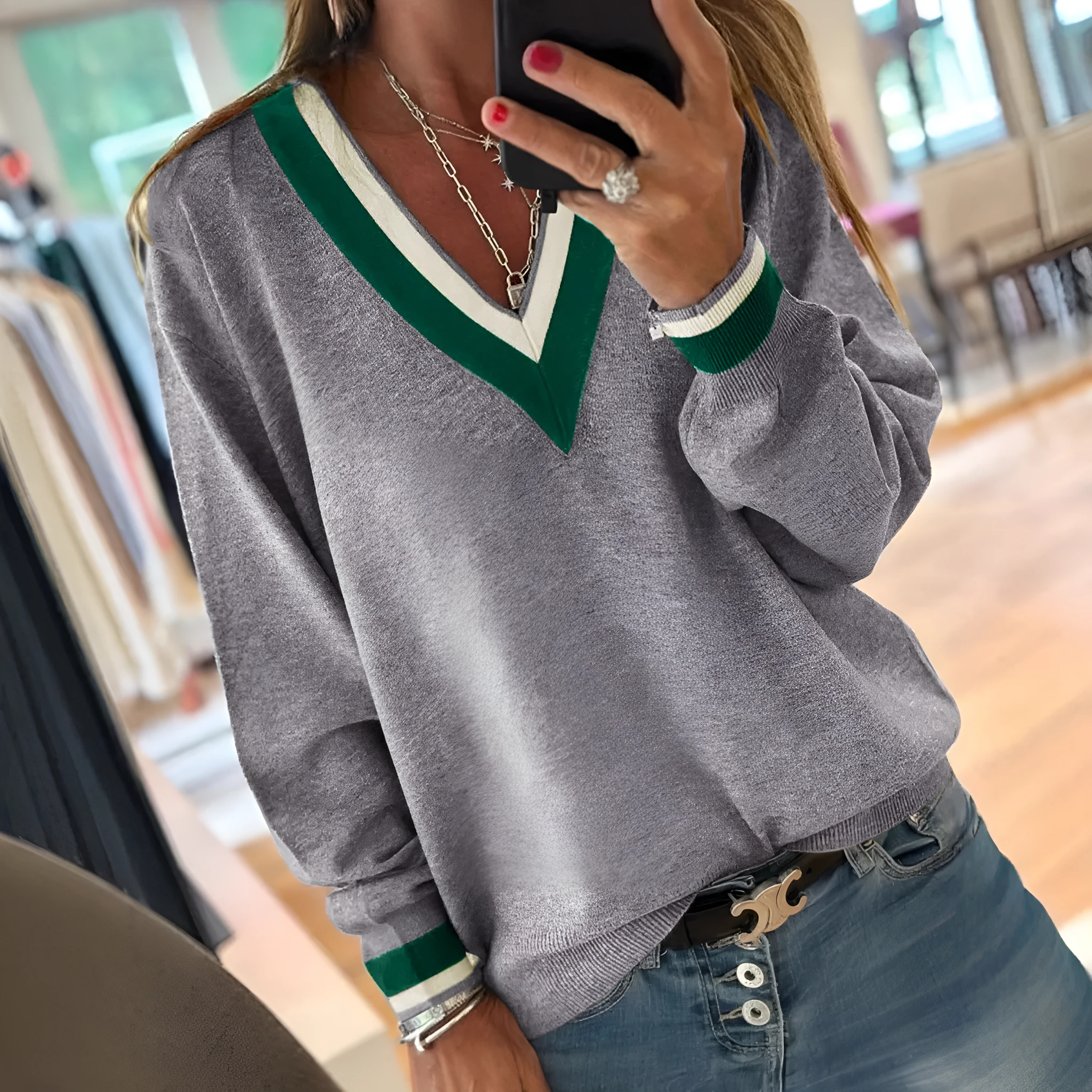 Casual style loose knitted top for women, polyester pullover, solid colour, front view