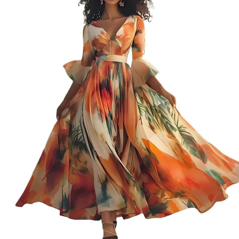 Women's geometric print high waist large swing long dress in polyester fabric, available in multiple colours and sizes S to 2XL