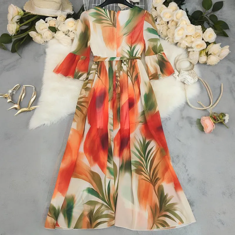 Women's geometric print high waist large swing long dress in polyester fabric, available in multiple colours and sizes S to 2XL