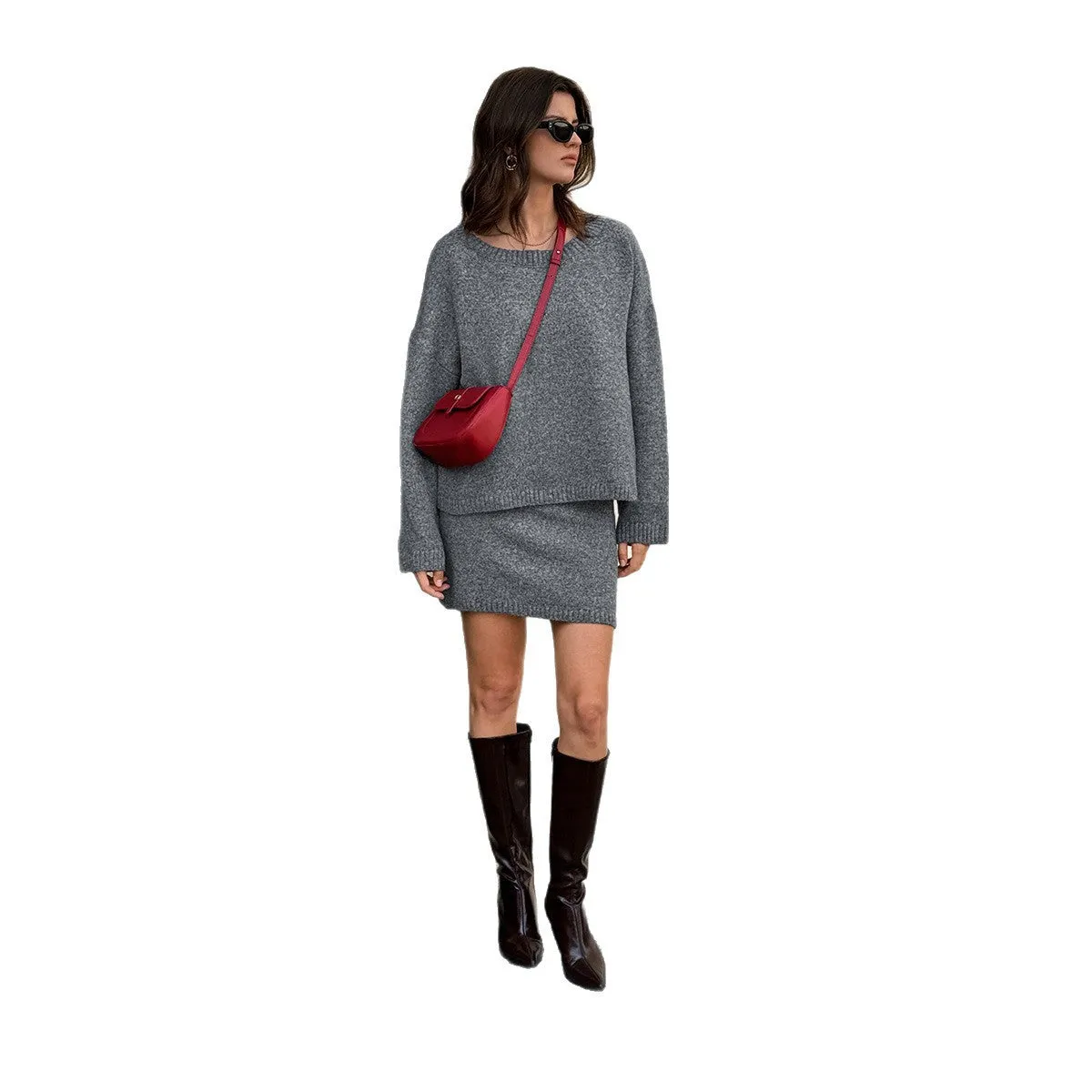 Women's solid grey wool blend knit sweater and skirt suit with long sleeves, shown as a two-piece casual set