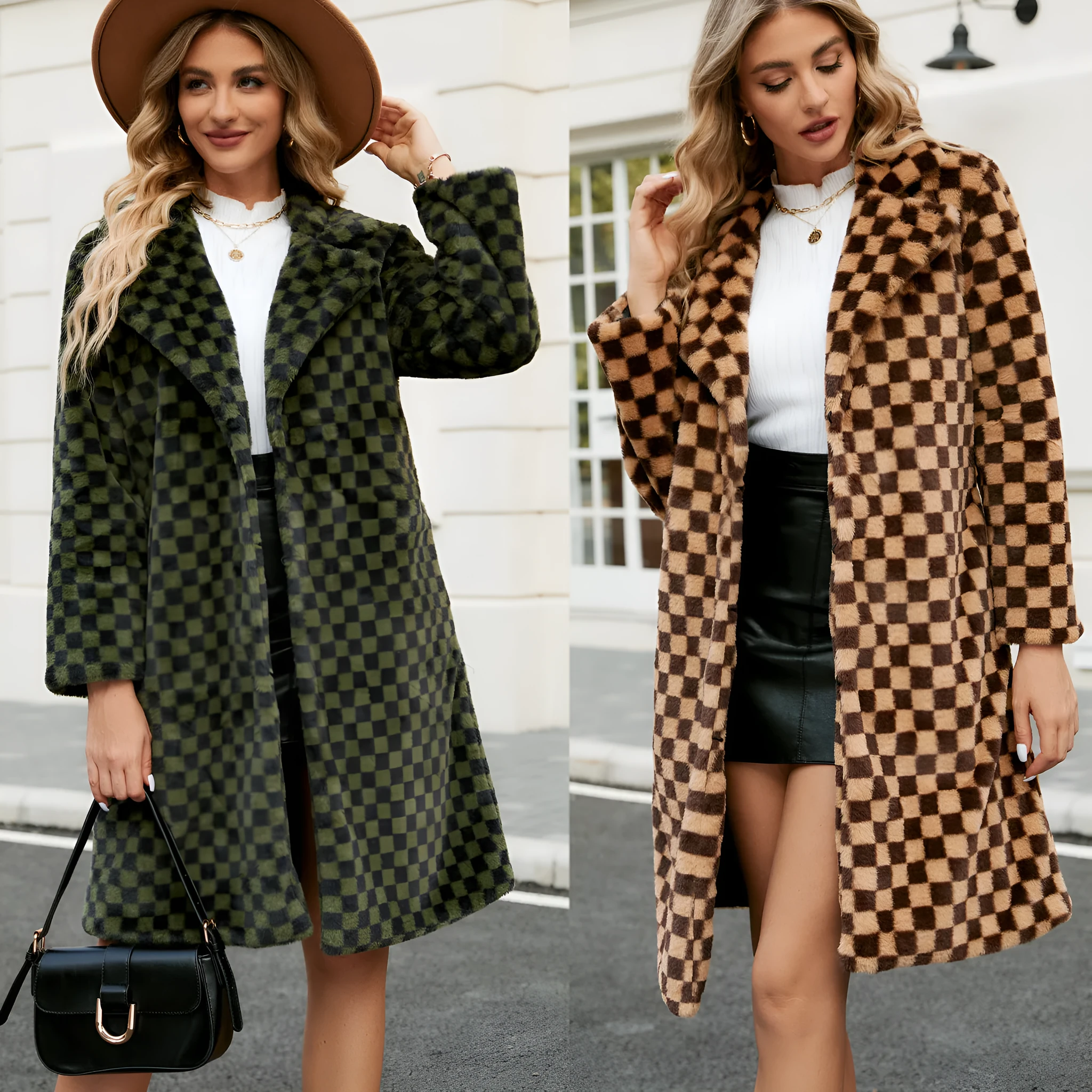 Women's mid-length plaid loose plush coat in brown plaid artificial fur polyester with conventional sleeves and 80cm length