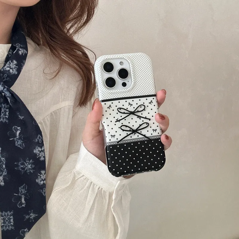 Black and white polka dot stitching stereo bow silicone phone case for iPhone