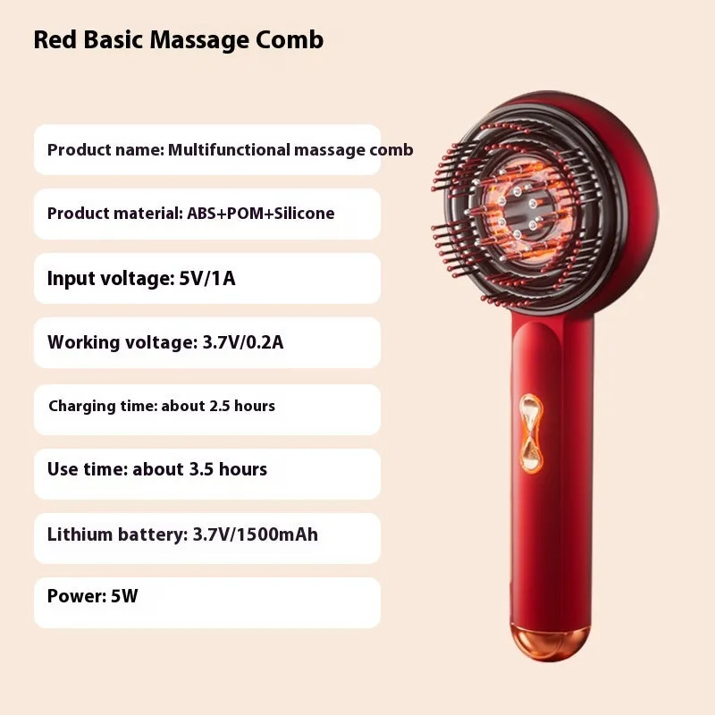 Red and blue light massage hair comb with plastic construction and Type-C charging port