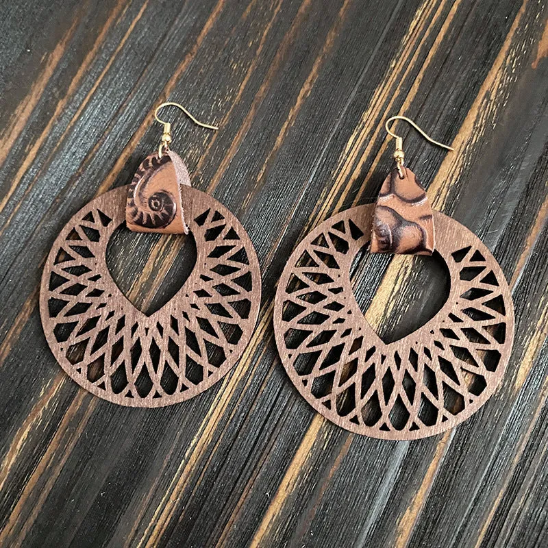 Retro wooden hollow mandala exaggerated drop earrings with geometric round pattern, unisex style
