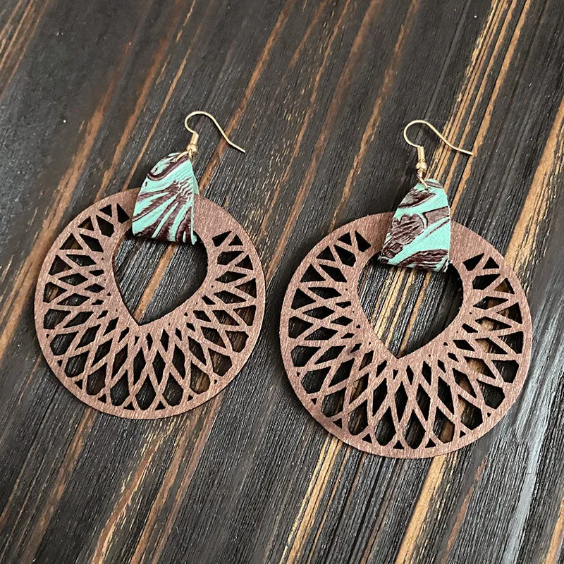 Retro wooden hollow mandala exaggerated drop earrings with geometric round pattern, unisex style