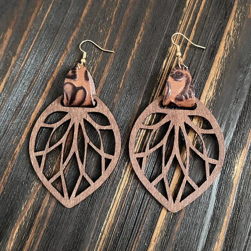 Retro wooden hollow mandala exaggerated drop earrings with geometric round pattern, unisex style
