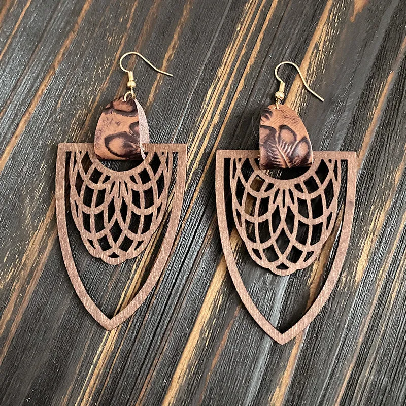 Retro wooden hollow mandala exaggerated drop earrings with geometric round pattern, unisex style