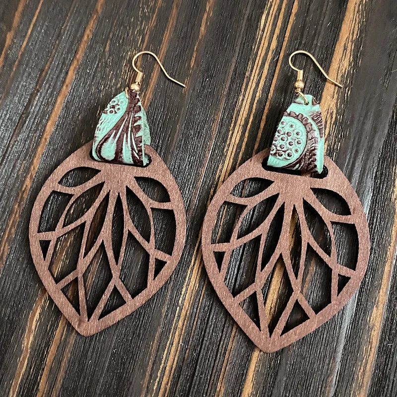 Retro wooden hollow mandala exaggerated drop earrings with geometric round pattern, unisex style