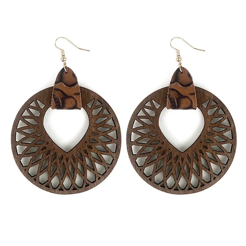 Retro wooden hollow mandala exaggerated drop earrings with geometric round pattern, unisex style