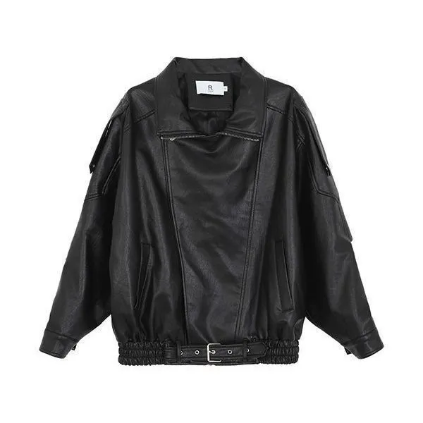 Women's loose retro biker jacket in faux leather, available in brown and black, long sleeves, splicing detail, no fur collar