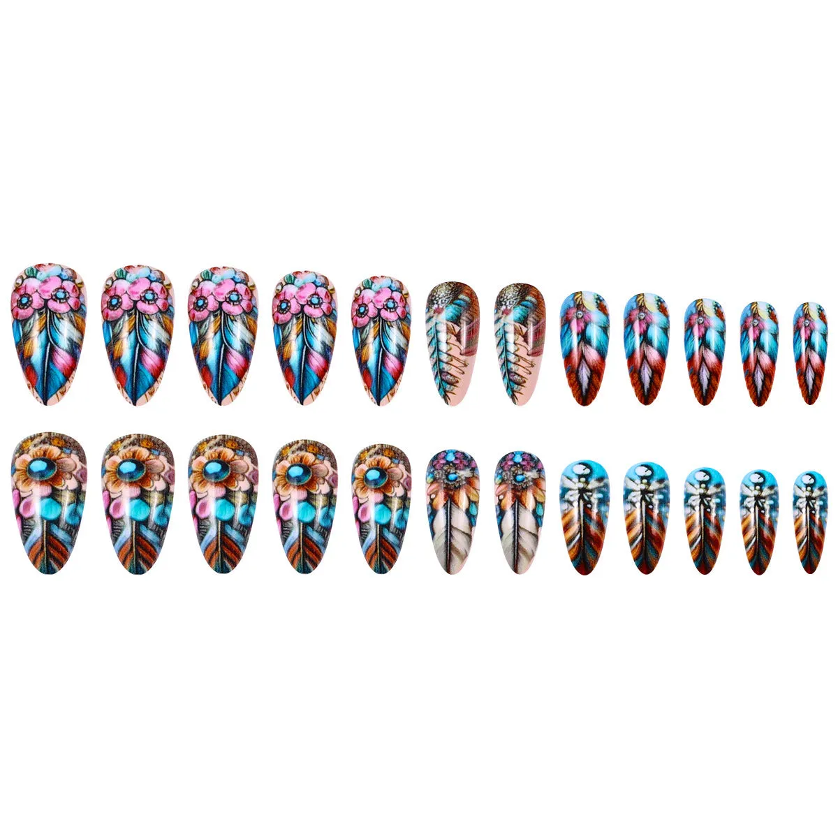 Retro style nail art stickers with colourful feather armour, cartoon, and butterfly designs plus a jelly glue burnishing stick.