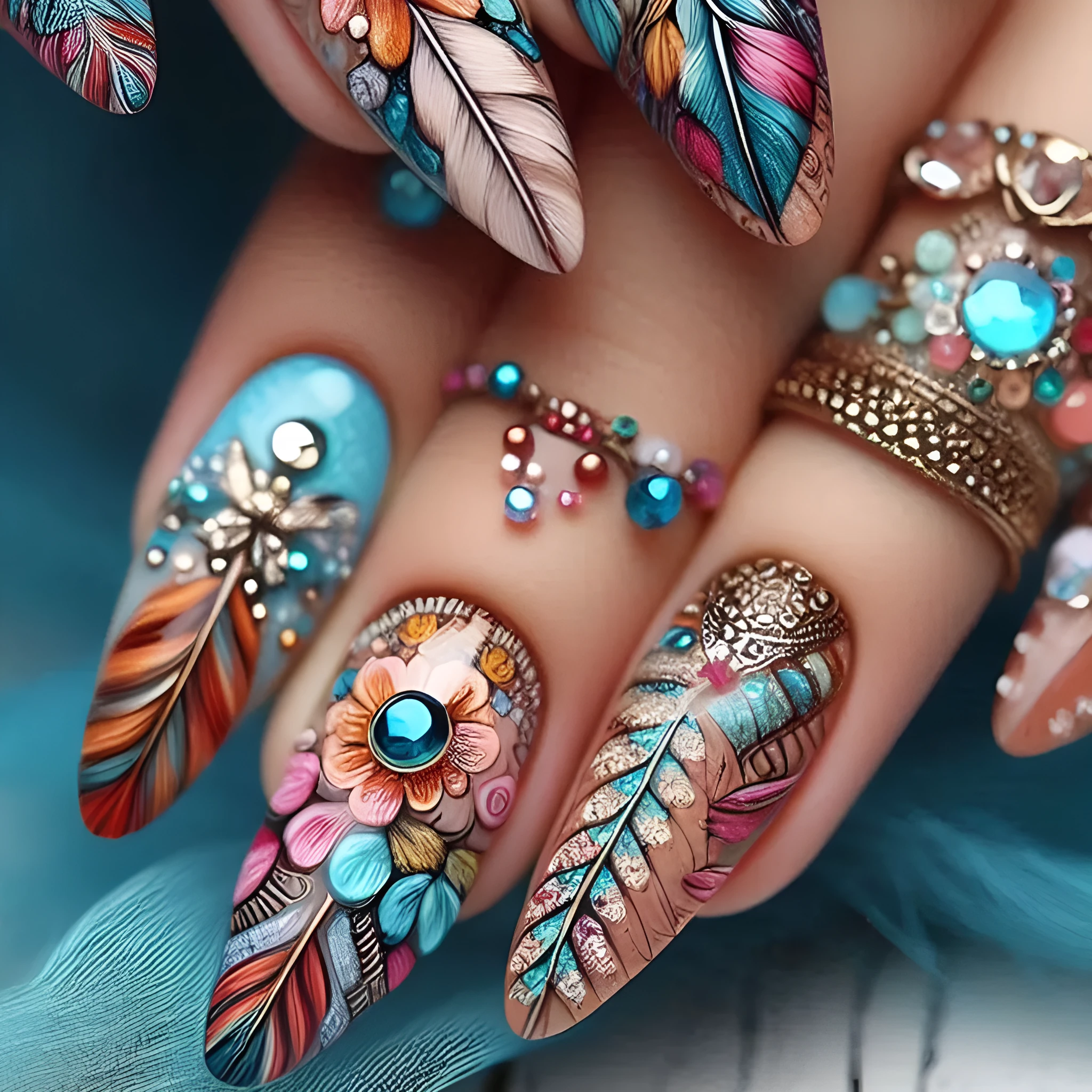 Retro style nail art stickers with colourful feather armour, cartoon, and butterfly designs plus a jelly glue burnishing stick.
