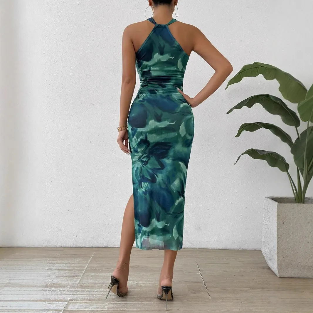 Off-the-shoulder dress with fold split high waist A-line midi skirt in green polyester with printed pattern