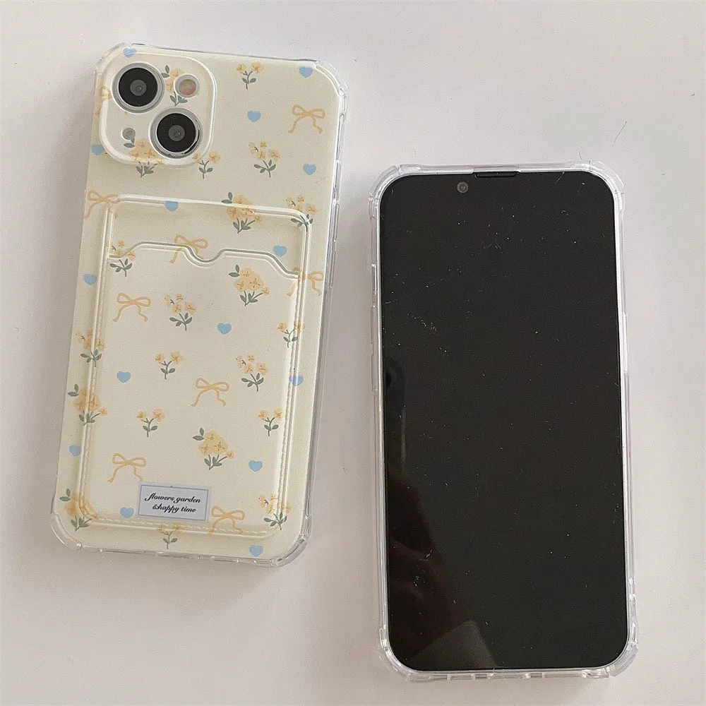 Small broken flower phone case with card holder slot, pink full-screen floral design, TPU material, for iPhone