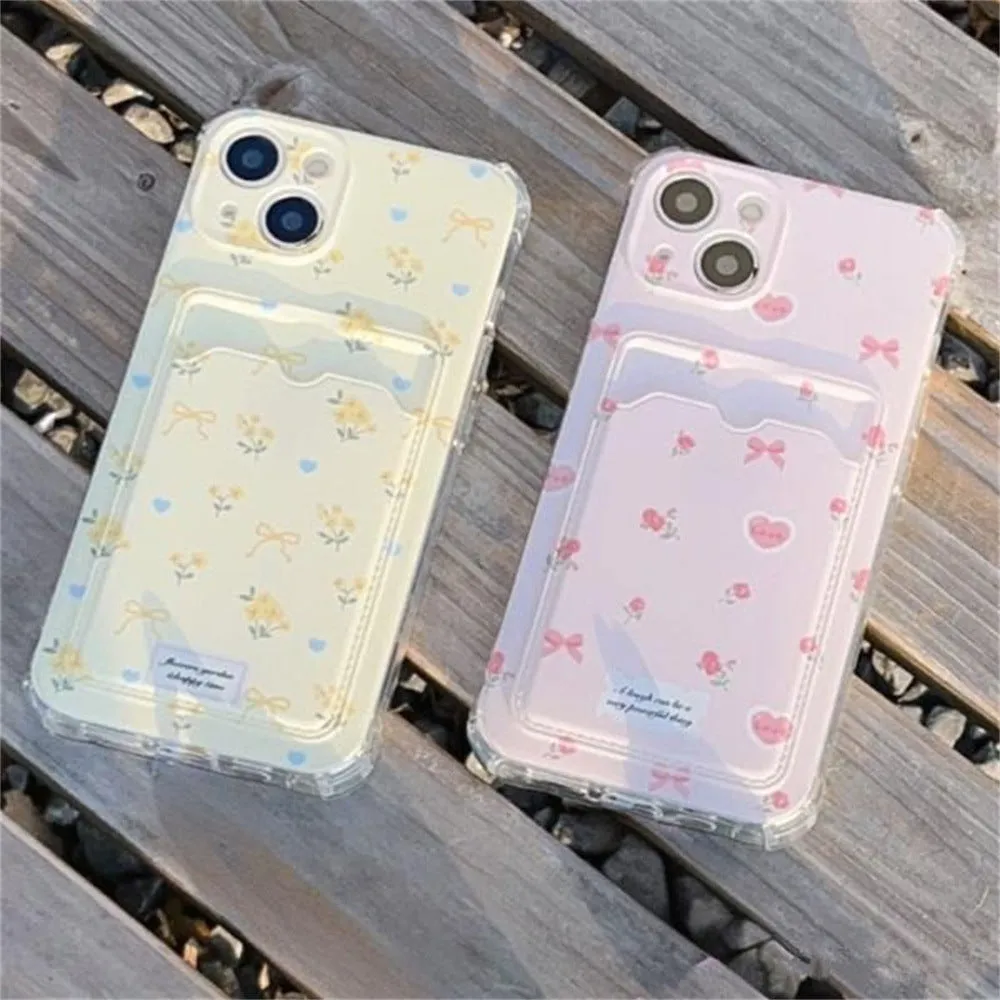 Small broken flower phone case with card holder slot, pink full-screen floral design, TPU material, for iPhone