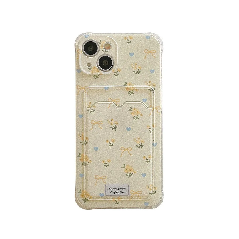 Small broken flower phone case with card holder slot, pink full-screen floral design, TPU material, for iPhone