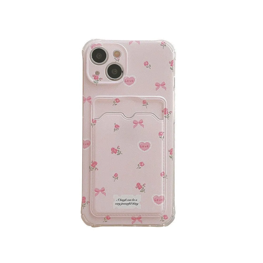 Small broken flower phone case with card holder slot, pink full-screen floral design, TPU material, for iPhone